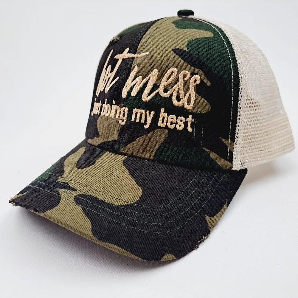 Hot Mess Women's Embroidered Pony Tail Criss Cross Hat Cap Cotton Camouflage